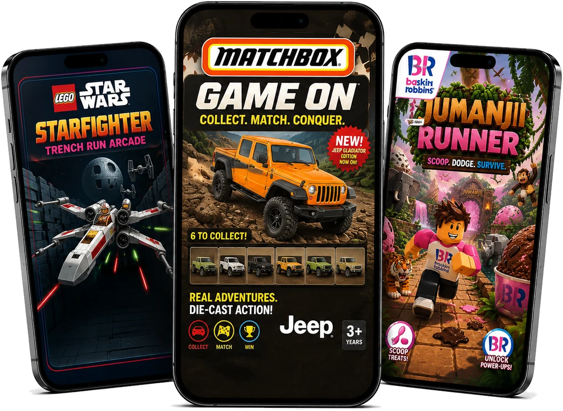 Gamify branded mobile games: LEGO Star Wars Starfighter, Matchbox Game On and Baskin-Robbins Jumanji Runner